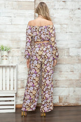 Retro Floral Off-Shoulder Crop Top & Wide Leg Pants Set
