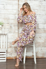 Retro Floral Off-Shoulder Crop Top & Wide Leg Pants Set
