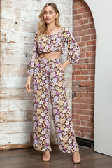 Retro Floral Off-Shoulder Crop Top & Wide Leg Pants Set