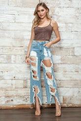 High Waist Bleached Wide Leg Distressed Jeans