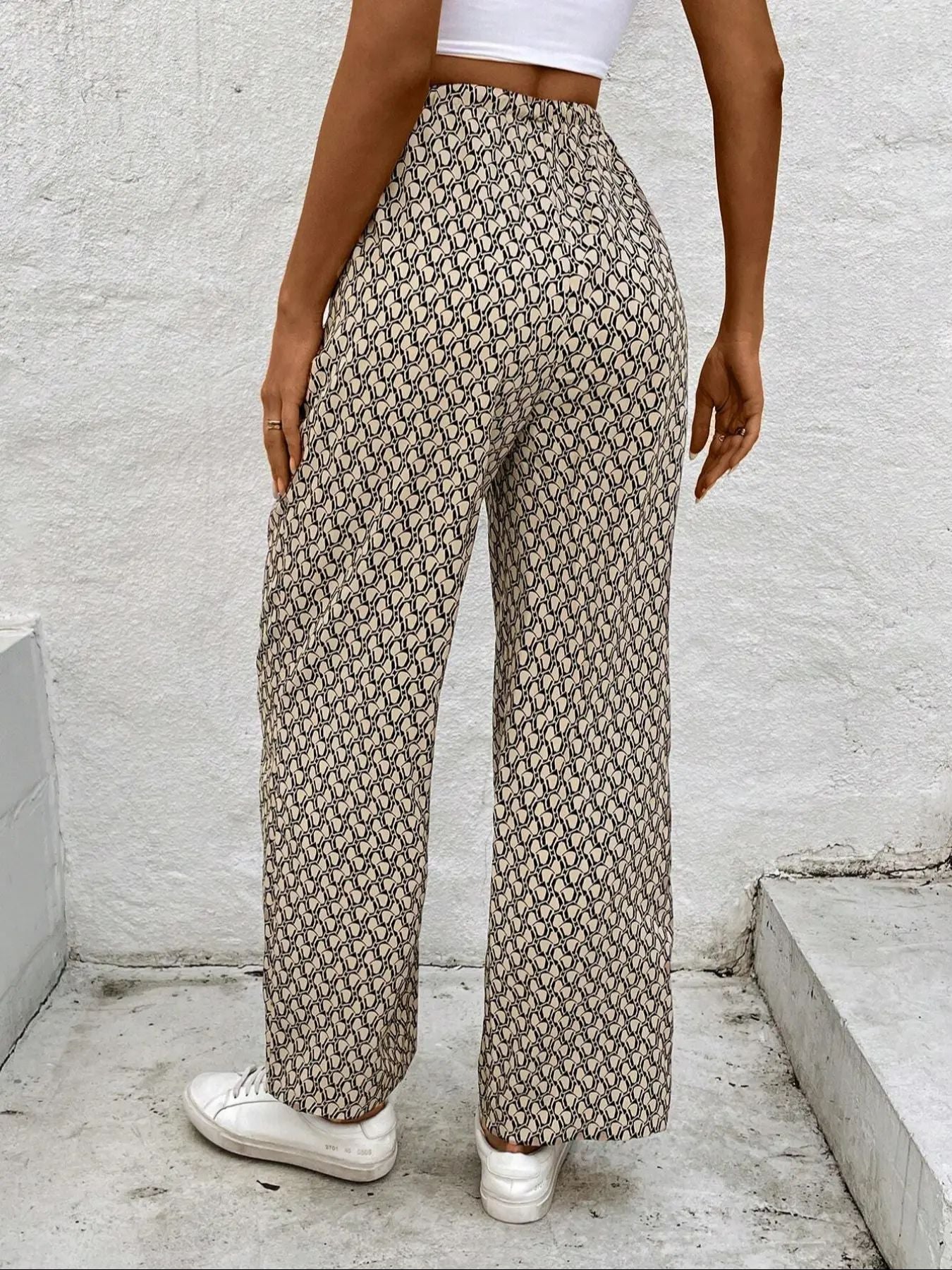 Women’s Printed Drawstring Wide-Leg Pants Summer High-Waist Casual Loose Trousers Lightweight Geometric Pattern (S-XL)