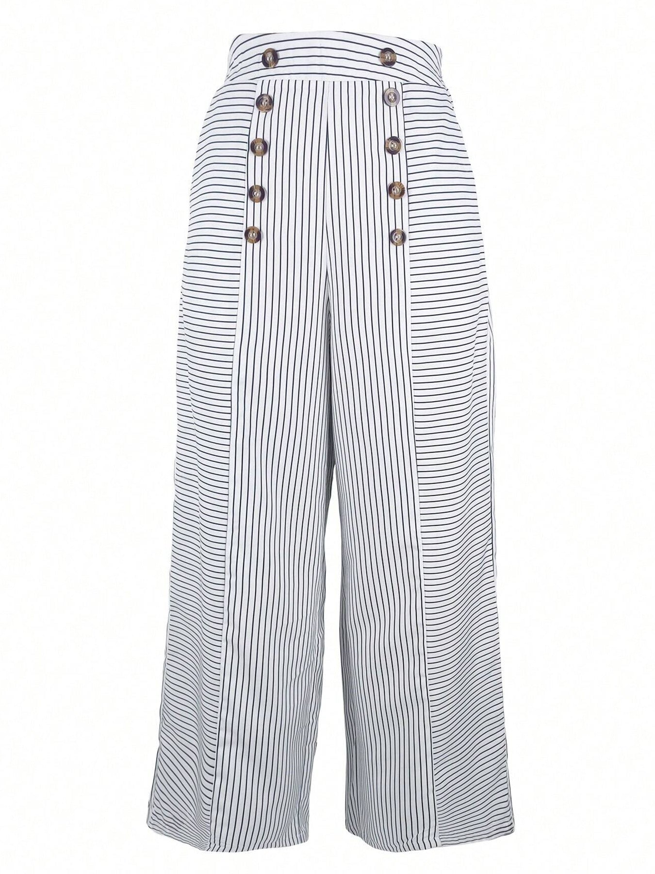 Women’s Vertical Stripe High-Waist Wide-Leg Pants Double-Breasted Button Detail Loose Casual Slimming Trousers (S-XL)