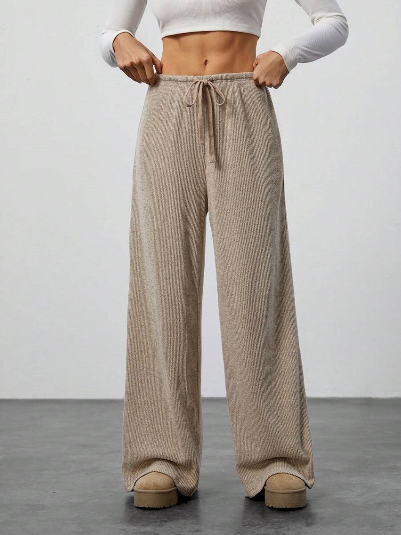 Women’s Knitted Wide-Leg Pants Casual Loose Trousers with Drawstring Elastic Waist Soft Comfortable Wear (S-XL)