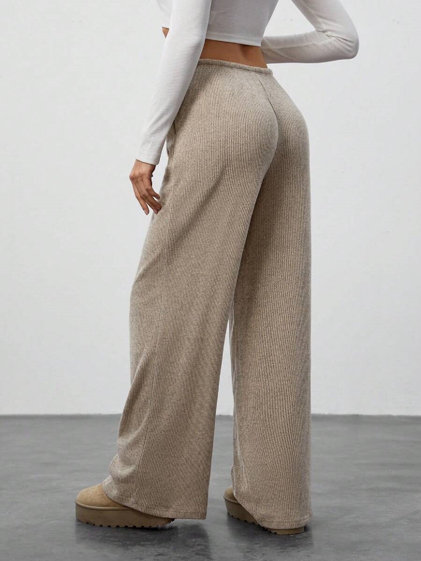Women’s Knitted Wide-Leg Pants Casual Loose Trousers with Drawstring Elastic Waist Soft Comfortable Wear (S-XL)