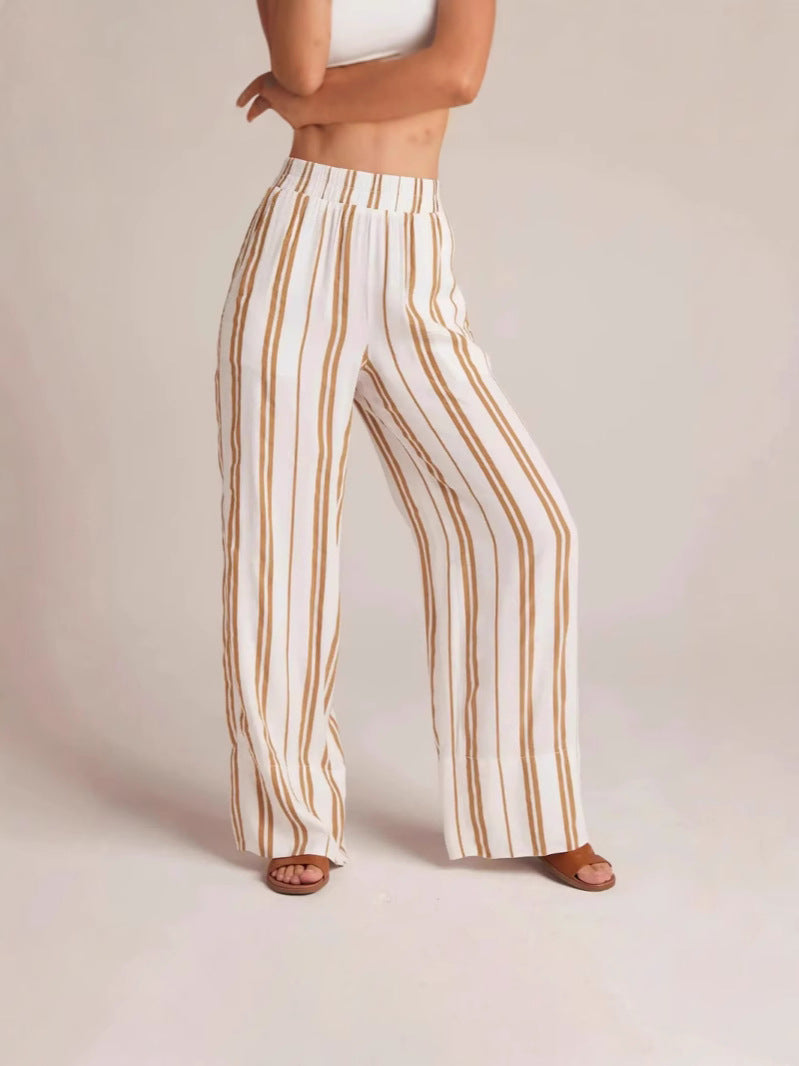Women’s Striped Wide-Leg Pants Summer High-Waist Casual Loose Trousers Lightweight Breathable (S-XL)