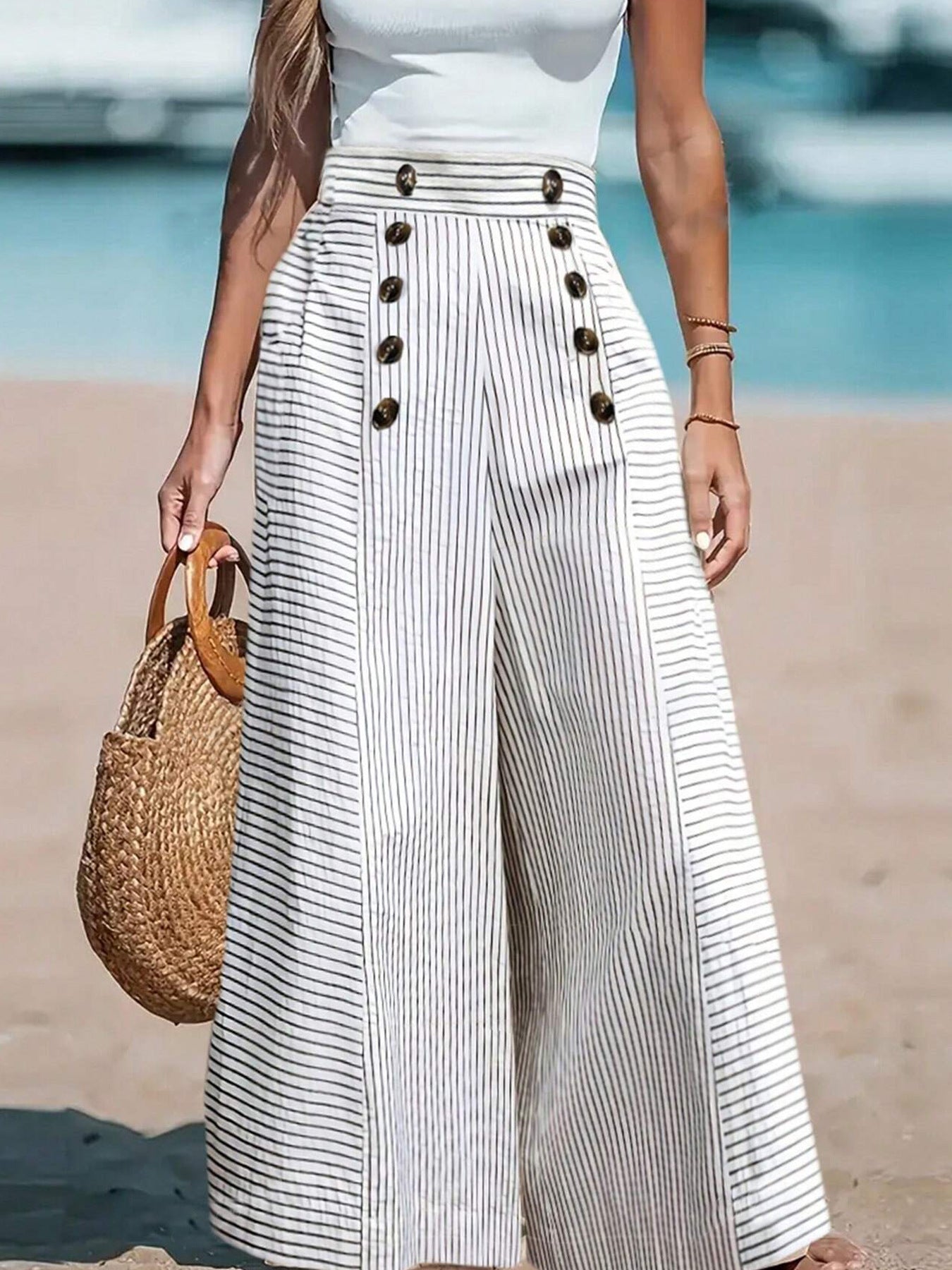 Women’s Vertical Stripe High-Waist Wide-Leg Pants Double-Breasted Button Detail Loose Casual Slimming Trousers (S-XL)