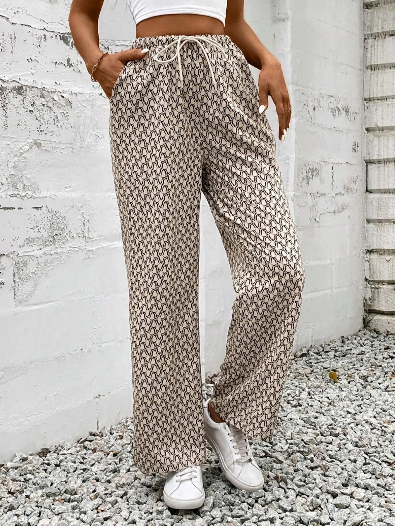 Women’s Printed Drawstring Wide-Leg Pants Summer High-Waist Casual Loose Trousers Lightweight Geometric Pattern (S-XL)