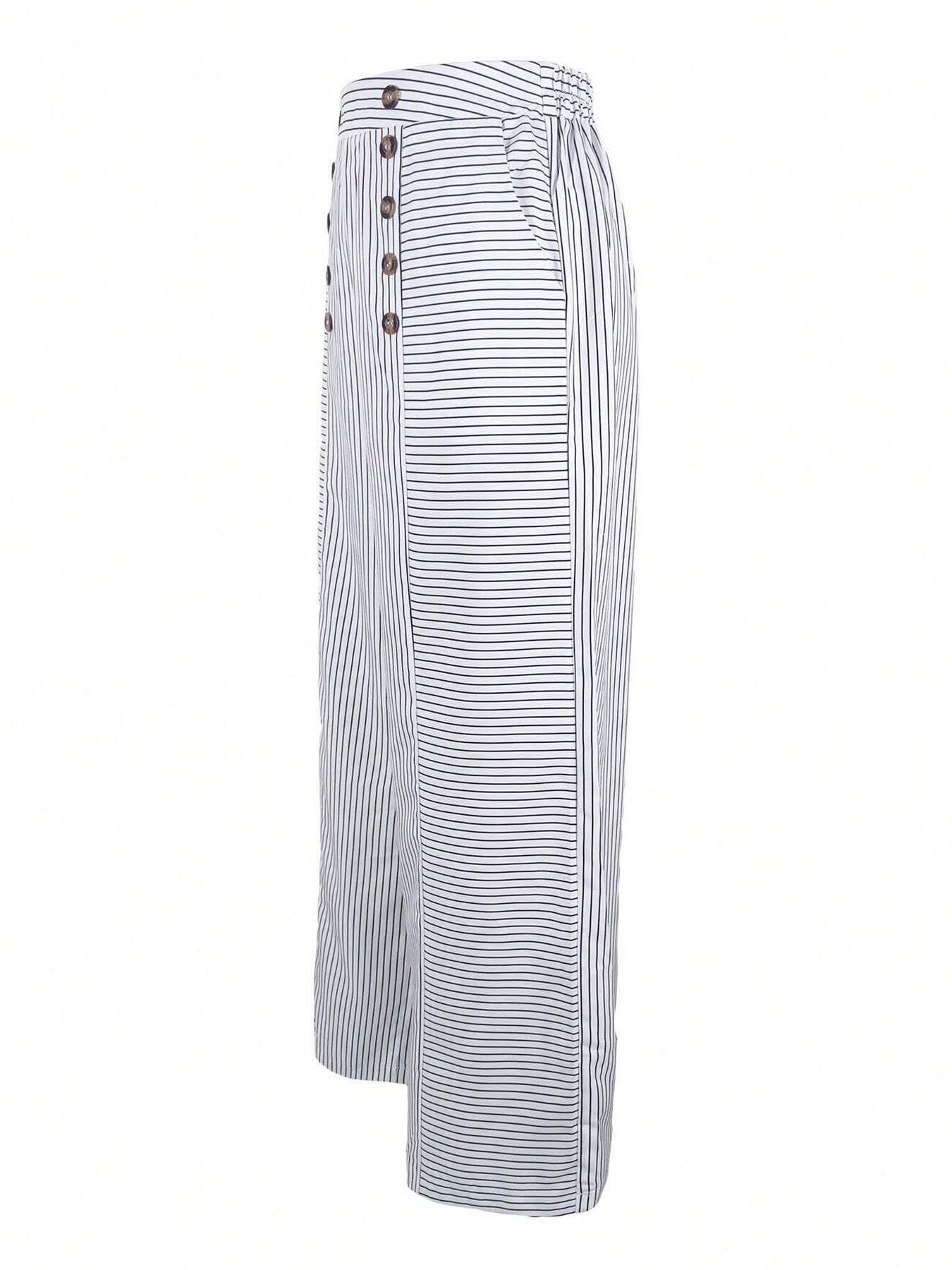 Women’s Vertical Stripe High-Waist Wide-Leg Pants Double-Breasted Button Detail Loose Casual Slimming Trousers (S-XL)