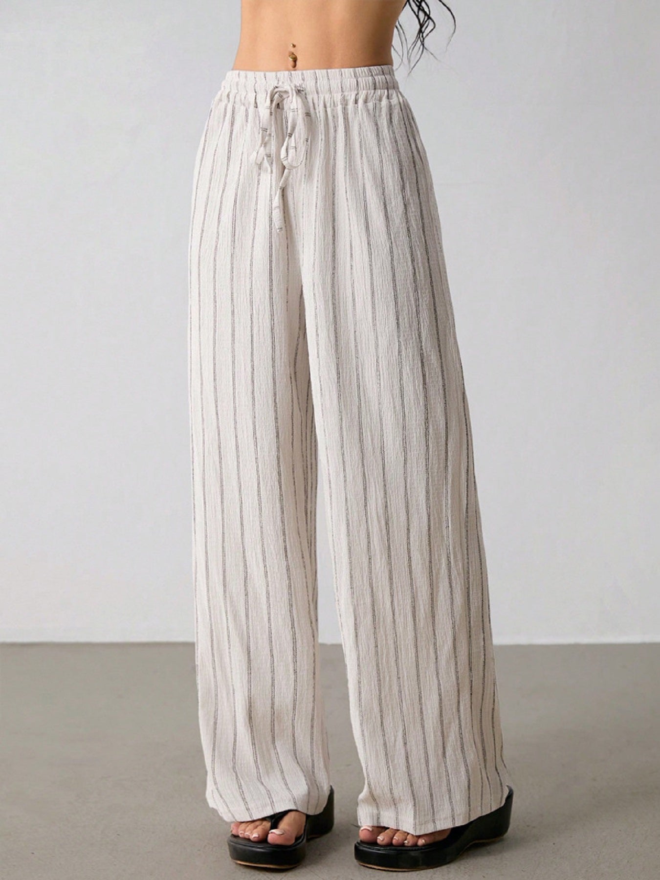 Women’s Striped Knit Wide-Leg Pants High-Waist Loose Drawstring Trousers Casual Comfortable Everyday Wear (S-XL)