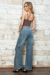 High Waisted Heavily Distressed Wide Leg Denim Jeans