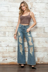 High Waisted Heavily Distressed Wide Leg Denim Jeans