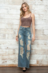 High Waisted Heavily Distressed Wide Leg Denim Jeans