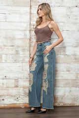 High Waisted Heavily Distressed Wide Leg Denim Jeans