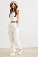 Ivory Knit High Waist Pants with Pockets