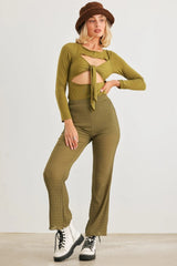 Light Olive High Waist Plisse Pants with Lettuce Hem