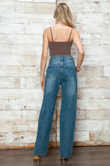 High Waisted Distressed Knee Ripped Wide Leg Denim Jeans