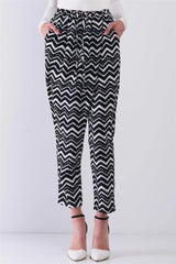 Black Zigzag Print High Waist Pegged Pants