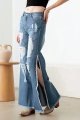 Blue Wide Leg Destroyed Jeans with Side Slit