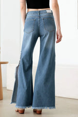 Blue Wide Leg Destroyed Jeans with Side Slit