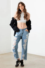 Blue Distressed Straight Jeans – Front & Back Detail