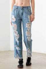 Blue Distressed Straight Jeans – Front & Back Detail
