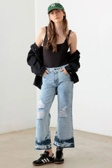 Blue Acid Wash Distressed Cropped Jeans