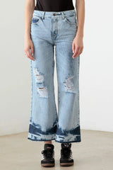 Blue Acid Wash Distressed Cropped Jeans