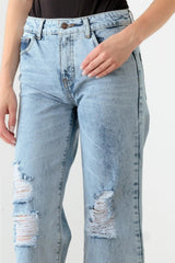 Blue Acid Wash Distressed Cropped Jeans