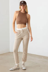 Cream Trim Drawstring Soft Jogger Pants