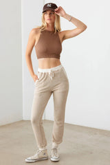 Cream Trim Drawstring Soft Jogger Pants