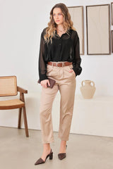 Satin Belted Taupe Crop Dressy Pants