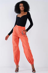 Orange Parachute Cargo Jogger Pants with Chain Detail