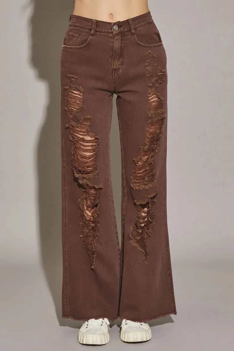 High Waisted Heavily Distressed Wide Leg Denim Jeans