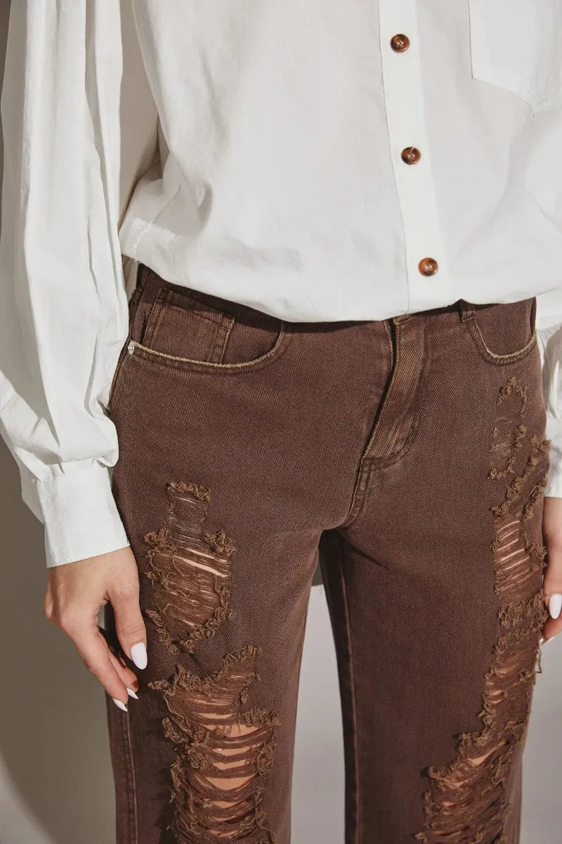 High Waisted Heavily Distressed Wide Leg Denim Jeans