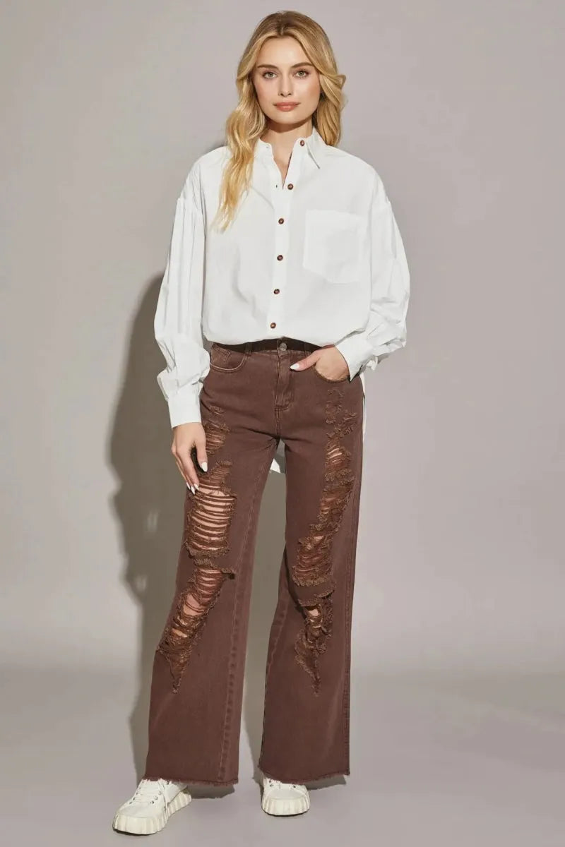 High Waisted Heavily Distressed Wide Leg Denim Jeans