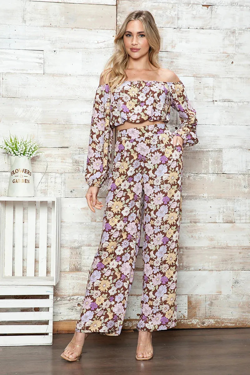 Retro Floral Off-Shoulder Crop Top & Wide Leg Pants Set