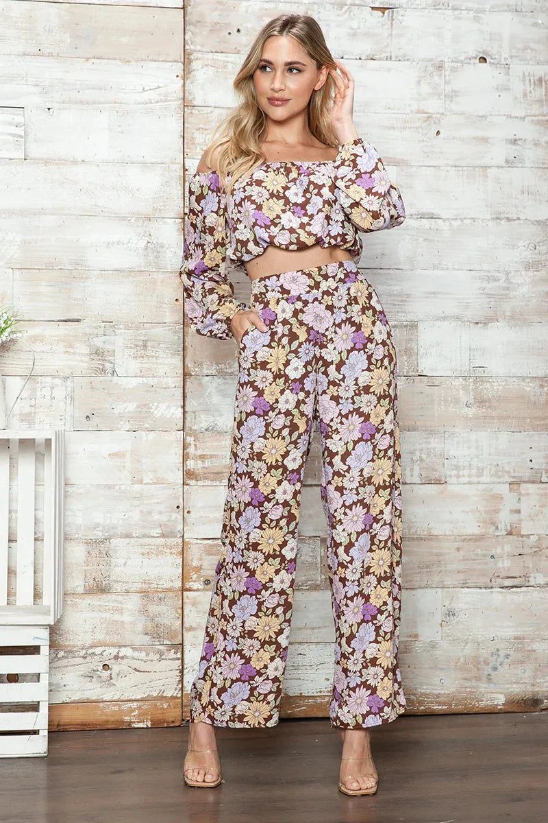 Retro Floral Off-Shoulder Crop Top & Wide Leg Pants Set