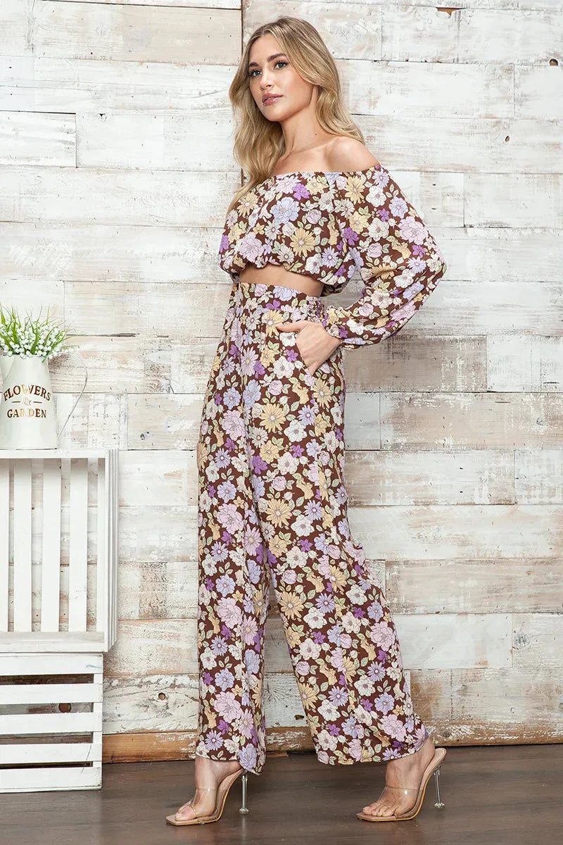 Retro Floral Off-Shoulder Crop Top & Wide Leg Pants Set