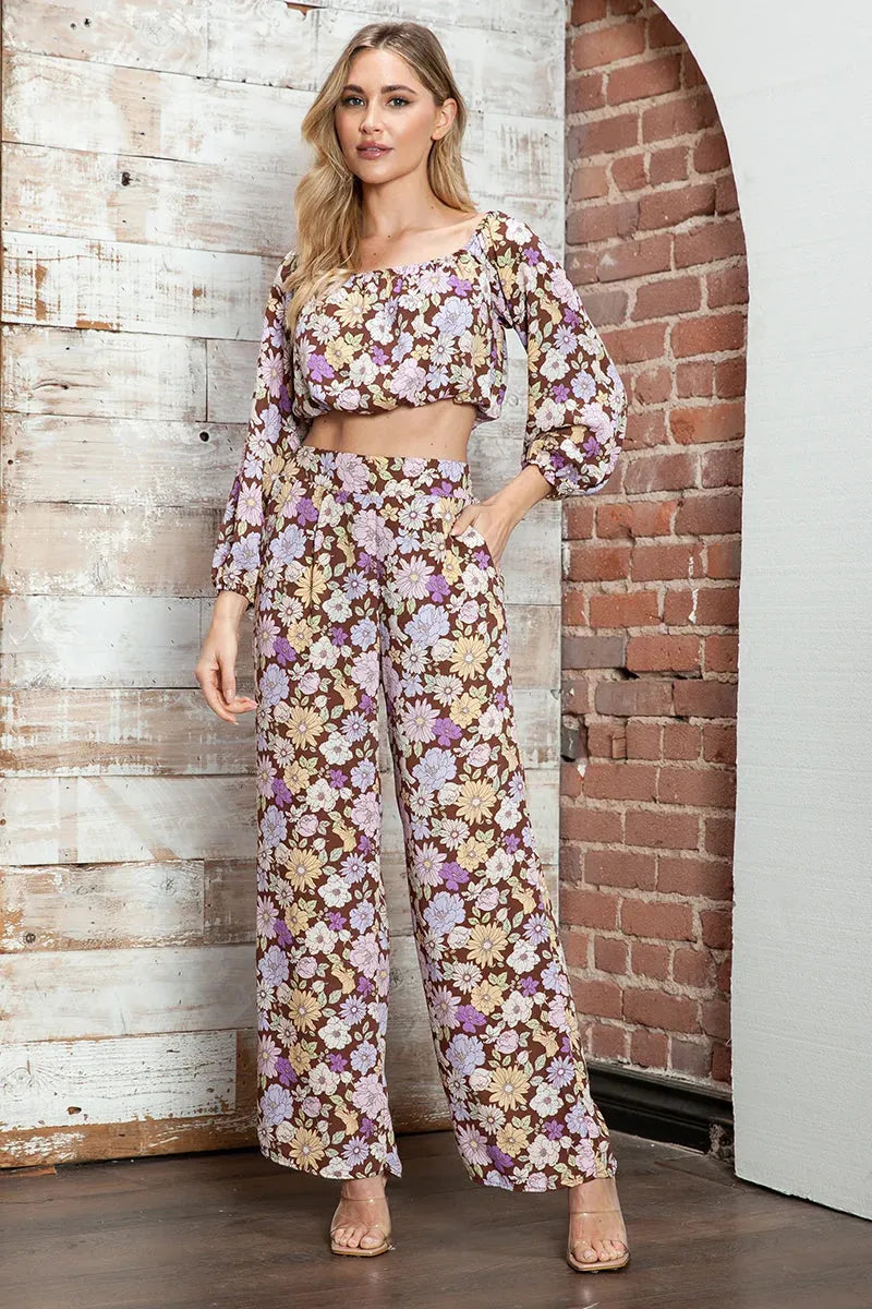 Retro Floral Off-Shoulder Crop Top & Wide Leg Pants Set