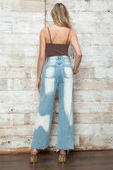 High Waist Bleached Wide Leg Distressed Jeans