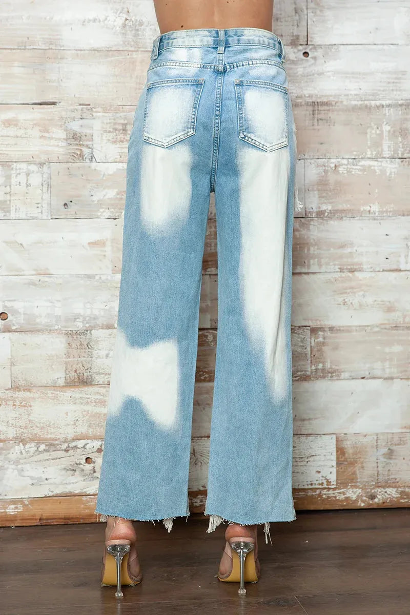 High Waist Bleached Wide Leg Distressed Jeans