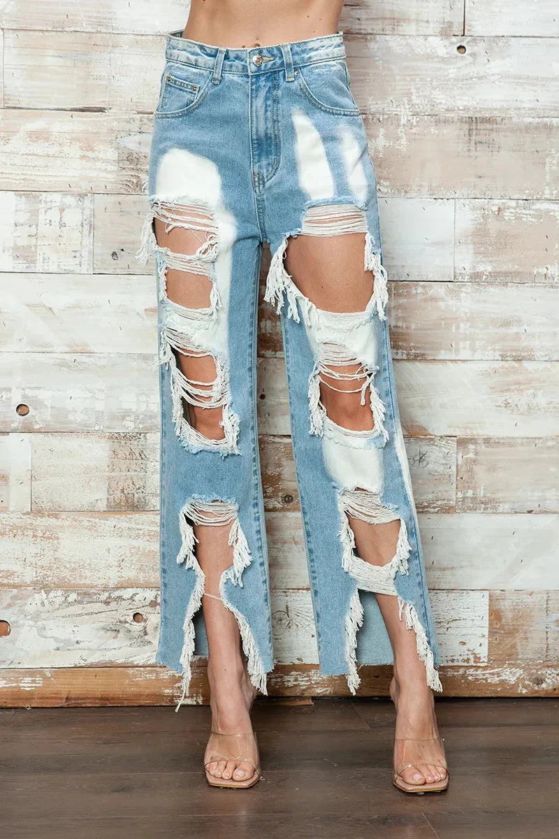 High Waist Bleached Wide Leg Distressed Jeans