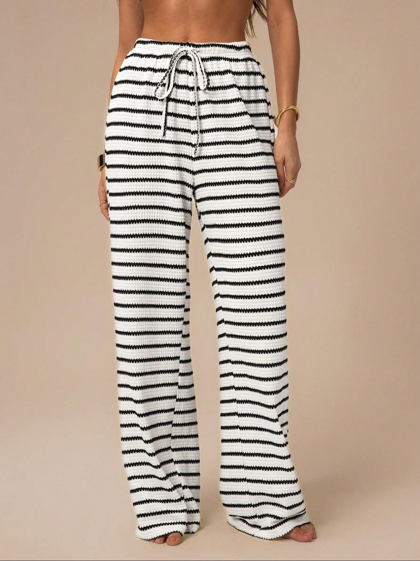 Women’s Black and White Striped Knit Wide-Leg Pants High-Waist Loose Drawstring Casual Trousers Comfortable Everyday Wear (S-XL)