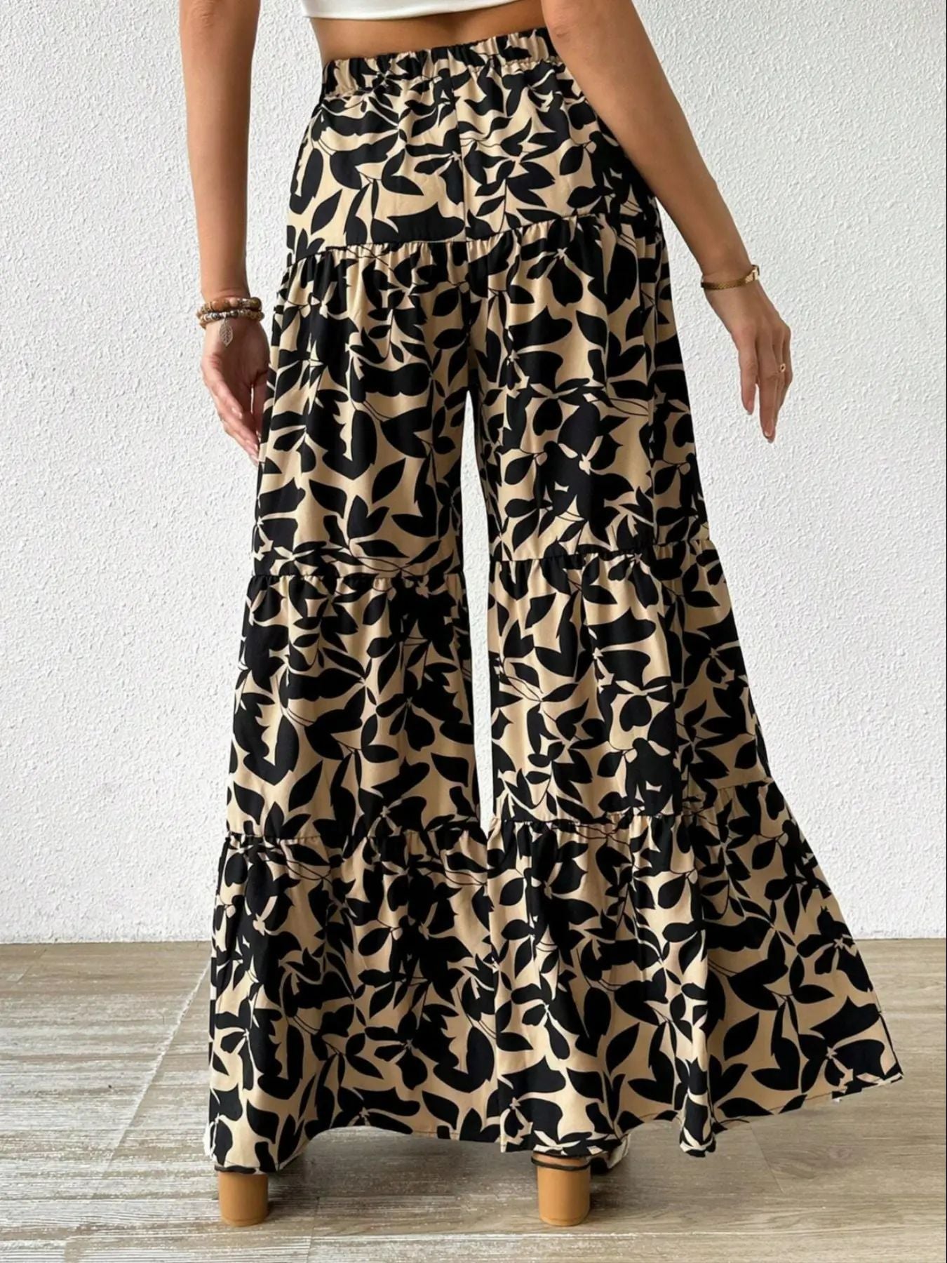 Women’s Printed Wide-Leg Pants High-Waist Elastic Waist Ruffle Layered Loose Trousers Casual Comfortable Style (S-XL)