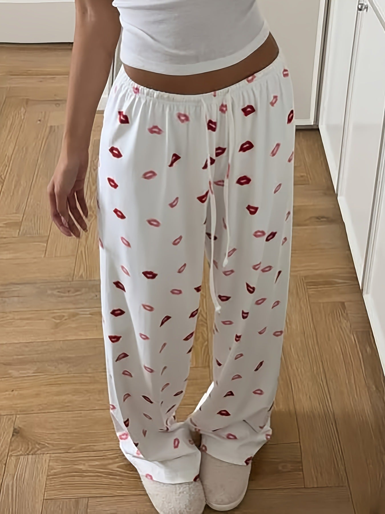 Women’s Printed Wide-Leg Pants White Casual Drawstring Trousers Loose Elastic Waist Lounge Wear (S-XL)