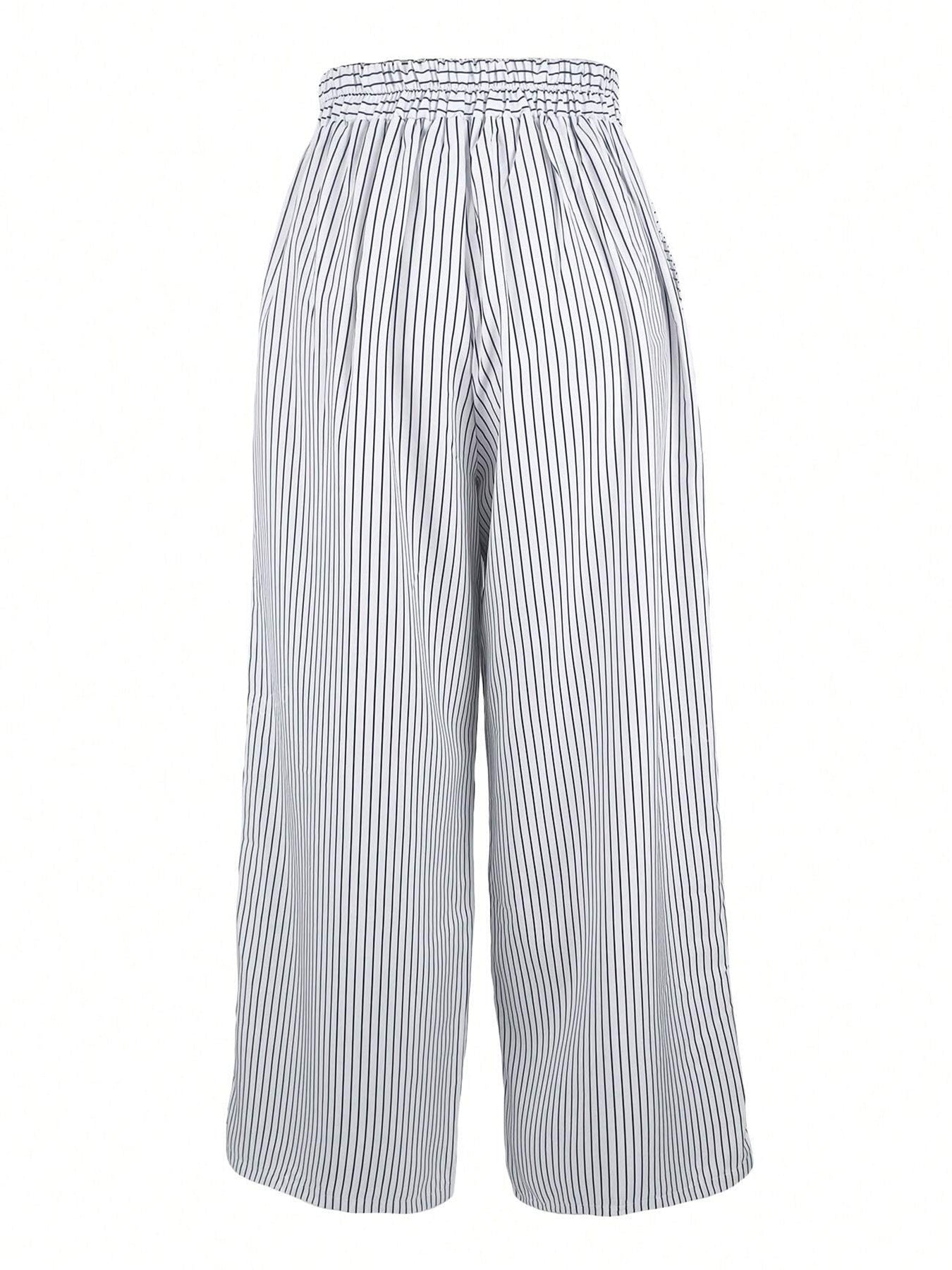 Women’s Vertical Stripe High-Waist Wide-Leg Pants Double-Breasted Button Detail Loose Casual Slimming Trousers (S-XL)