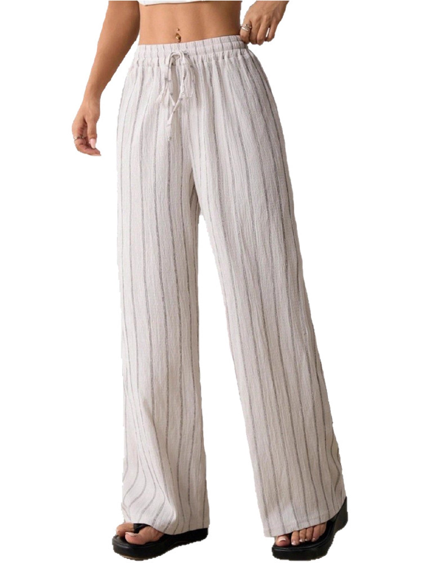 Women’s Striped Knit Wide-Leg Pants High-Waist Loose Drawstring Trousers Casual Comfortable Everyday Wear (S-XL)