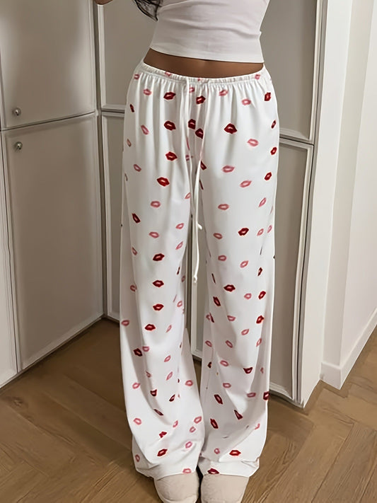 Women’s Printed Wide-Leg Pants White Casual Drawstring Trousers Loose Elastic Waist Lounge Wear (S-XL)