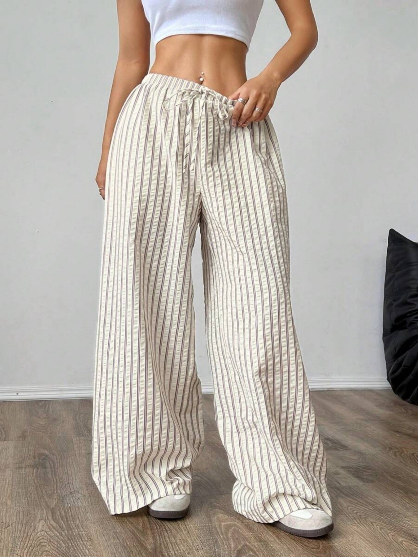Women’s Striped Wide-Leg Pants Casual Loose High-Waist Drawstring Trousers Lightweight Versatile Wear (S-XL)