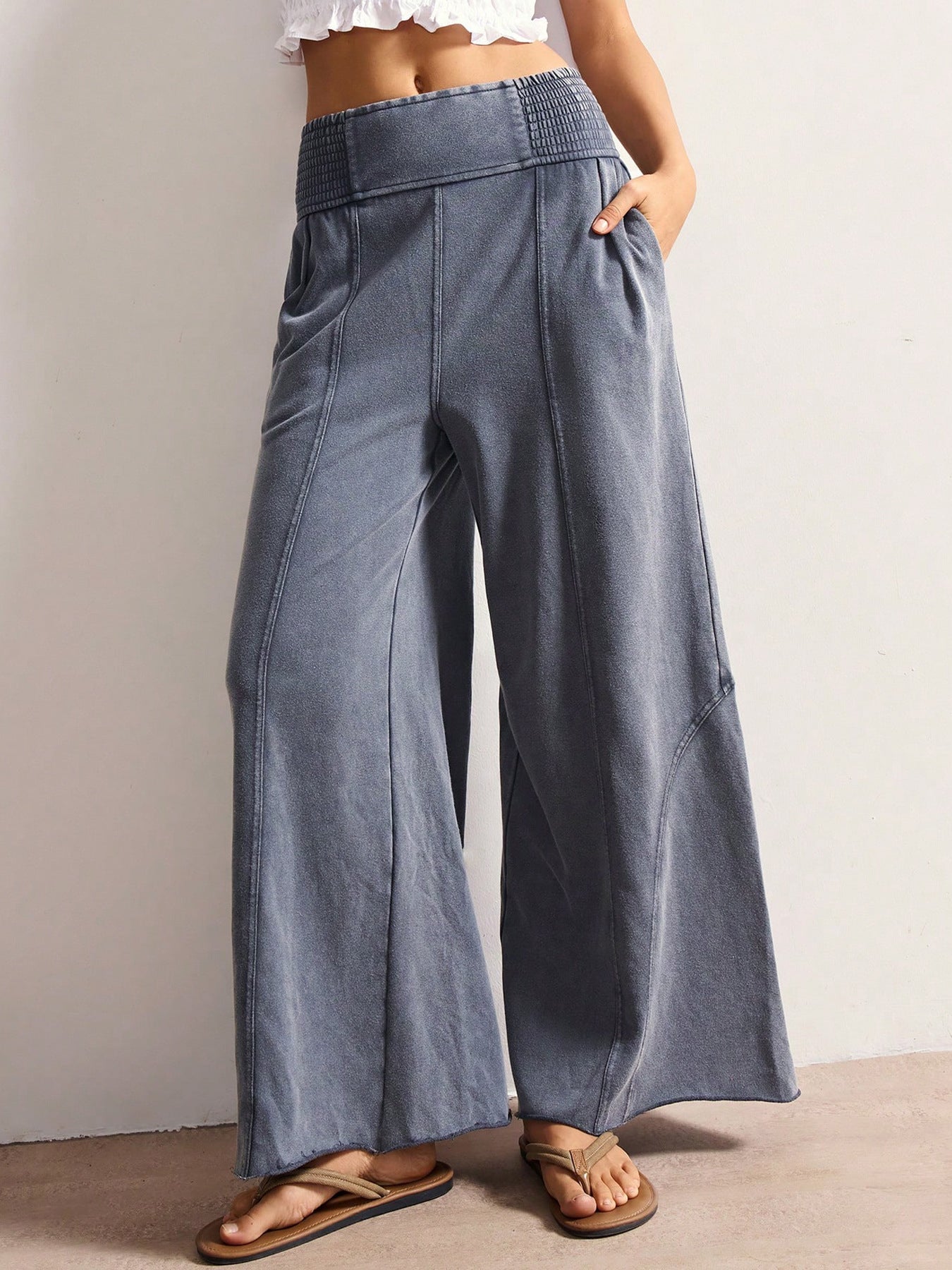 Women’s High-Waist Wide-Band Loose Wide-Leg Pants Solid Color Casual Relaxed Trousers Comfortable Slimming Look (S-XL)